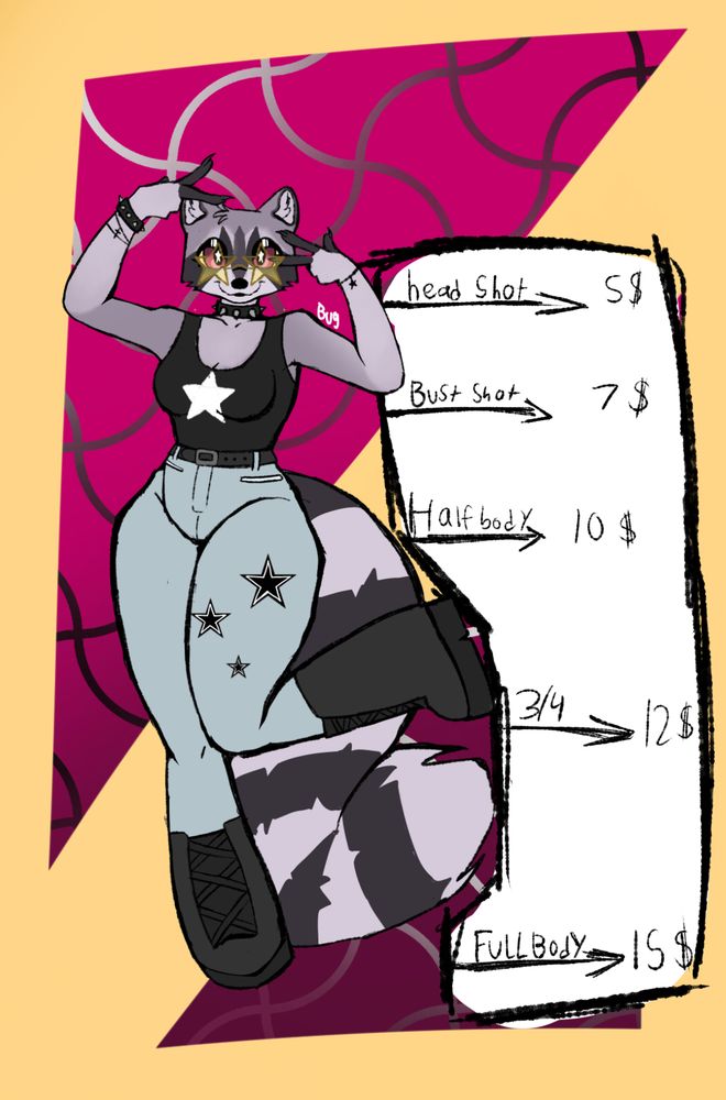 An example of a full body art piece with commission prices at the side.