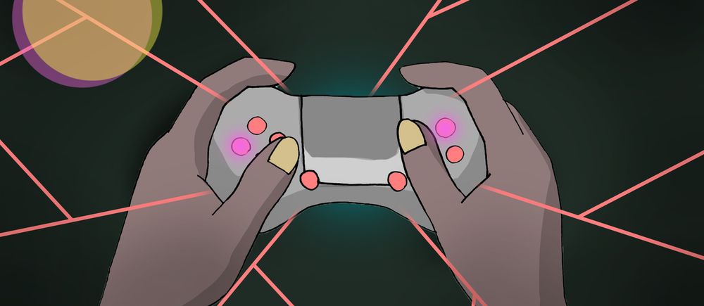 Illustration of two hands holding a gaming controller. Image by Matti Ahlgren / Aalto University