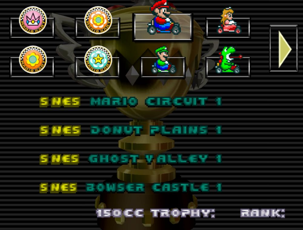 The SNES Mario cup in Retro Rewind, again using the DOOM font. Shows SNES mario circuit 1, SNES donut plains 1, SNES ghost valley 1, and SNES bowser castle 1