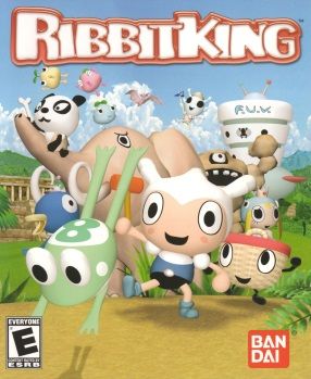Box art of Ribbit King, and eccentric game by Bandai

The title "RibbitKing" in CamelCaps is displayed at the top in a playful font with white letters and a red outline.+

The main characters are in the center.  Scooter in the center front and his caddy Pickwick to the right, with a one of the frogs used in the game to the left.   The various NPC opponent players are in the background.

Bandai trademark in the lower left side, and ESRB E rating in the lower left side.