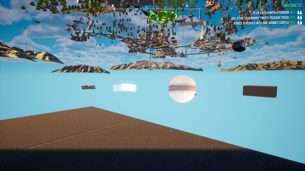 A picture of a "stuck underground" glitch from Goat Simulator 3.

The view is looking up from a block of concrete with various scattered broken objects in the background. 

The objects include several broken rooms, a large gas planet, mountains, a mess of buildings trees and partially clipped hills and a neon green flying saucer.   Below is just a vacant sky colored void.

It is a cluttered view with a manic and apocalyptic, but somehow distance.  It makes you want to shrink way.