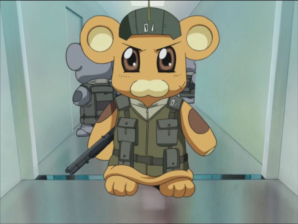 An image of BotaKun, from Full Metal Panic?! Fumofu!   

He is a teddy bear mascot costume "borrowed" from an amusement park and equipped with arm slave giant robot parts to function as a combat weapon.

It is a brown teddy bear with brown eyes slightly taller than a person.  

It wears a large body armor tactical vest and a combat helmet and has a shotgun attached to it's right hand in a manner that look like it is holding it.  

Behind it are two other similarly adapted suits.