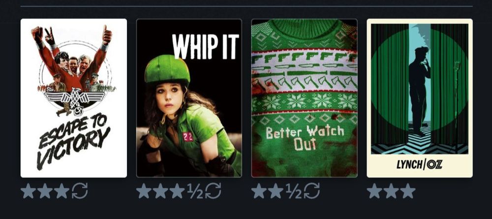 Les 4 derniers films que j'ai vu au vendredi 31 janvier 2025.
On y voit les affiches originales des films :
A nous la victoire
Bliss
Better Watch Out
Lynch/Oz (documentaire)