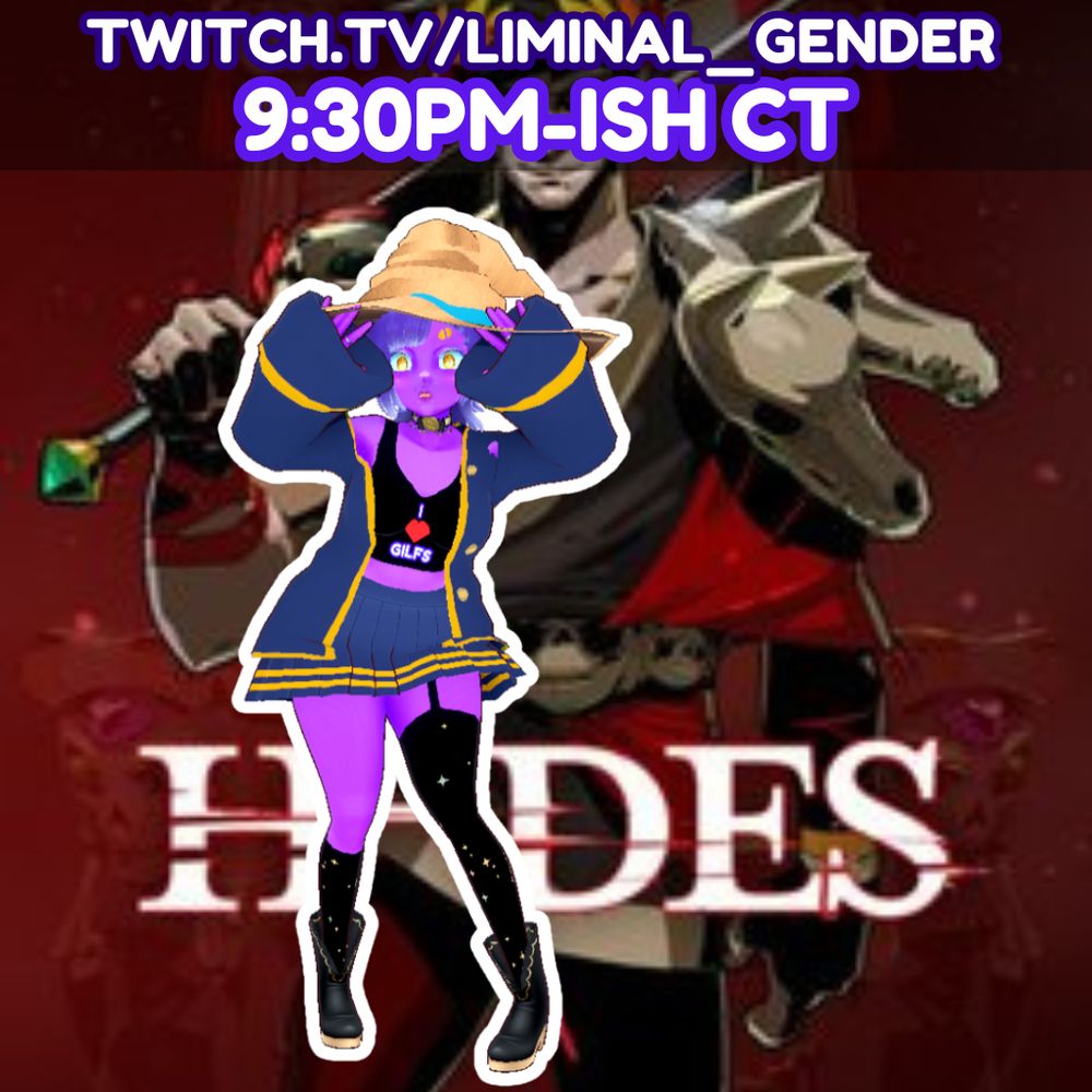 A purple fairy with a large brown hat is standing with their arms up to guard their face. The image reads: Hades at around 9:45pm CT