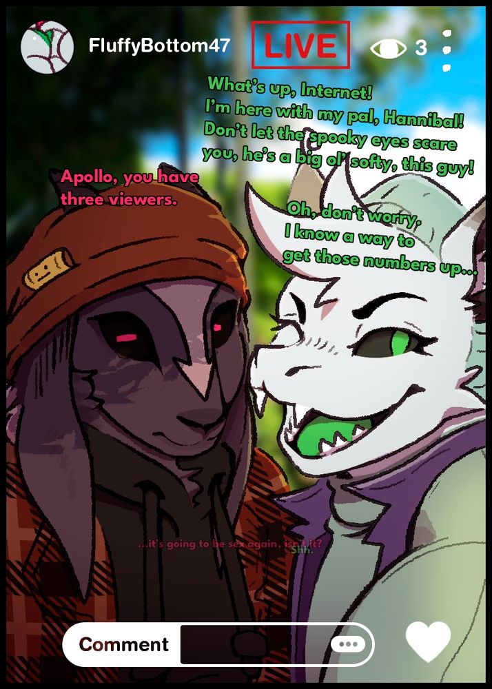 A rather peculiar and unnerving looking Geep stands along side a space-dragon-creature to participate in a livestream. It's not a particular popular stream tbh