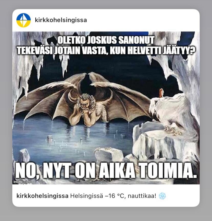 Piirros jäätyneestä helvetistä. Siivekäs pääpiru nojaa tympääntyneenä jäätyneeseen järveen.