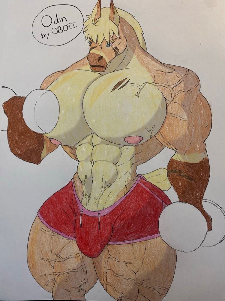 A very large, very muscular, and very endowed anthropomorphic horse in a pair of red shorts. He’s doing curls with dumbbells, sweat dappled across his body as he focuses. There are veins across his shoulder and legs and crotch. 