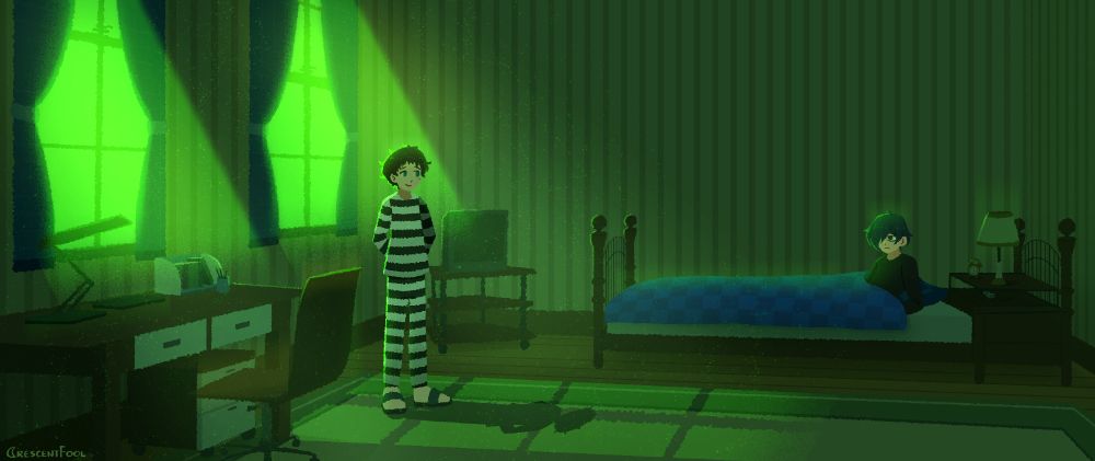 part one of four of my illustration series focused on showcasing the persona 3 protagonist's room at different parts of the game. this illustration depicts pharos visiting minato during the dark hour. pharos stands in front of the window while minato stares at him from his bed.