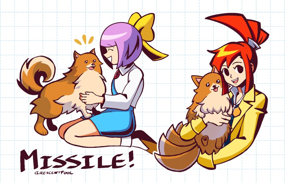 drawings of missile from ghost trick: phantom detective interacting with his two mistresses, miss kamila (left), and miss lynne (right). in the drawing with kamila, missile is happily looking at her. lynne holds missile and smiles at the viewer.