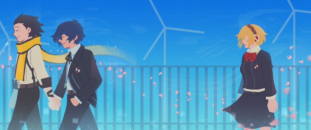 an illustration inspired by the events of march 5th, 2010 in persona 3. ryoji and the persona 3 protagonist are holding hands, and ryoji's scarf is fading into the sky. as they're walking, aigis looks at them.