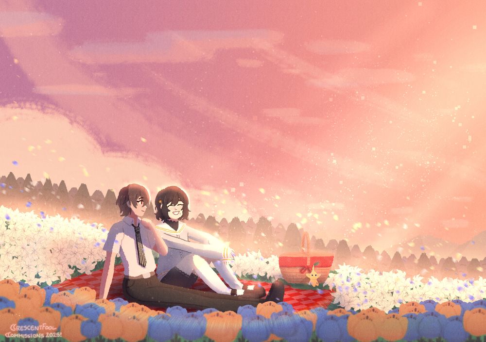 commissioned illustration for an anonymous client featuring akechi and his companion in a field of flowers