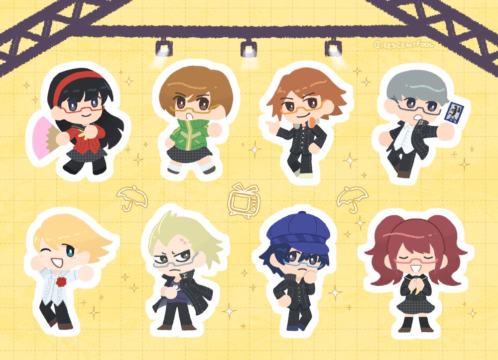 a sticker sheet of the investigation team members from persona 4 in studio backlot. they are stylized as chibis and are all posing with their glasses. from left to right:

row 1: yukiko amagi, chie satonaka, yosuke hanamura, and the persona 4 protagonist yu narukami/souji seta

row 2: teddie, kanji tatsumi, naoto shirogane, and rise kujikawa.