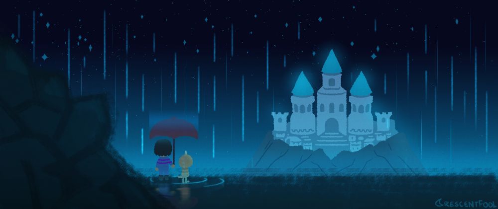 An illustration of Waterfall from UNDERTALE. Frisk and Monster Kid are sharing an umbrella, and looking towards New Home.