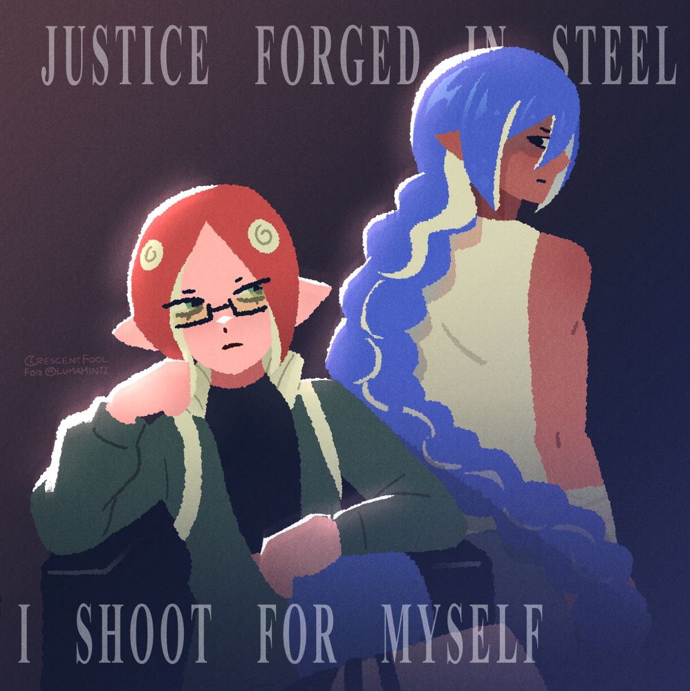 an illustration of lumamintz's splatoon ocs, danielle (red-haired octoling) and violet (blue-haired inkling) done for artfight 2025. the poses are inspired by an official art from code geass with lelouch and suzaku.