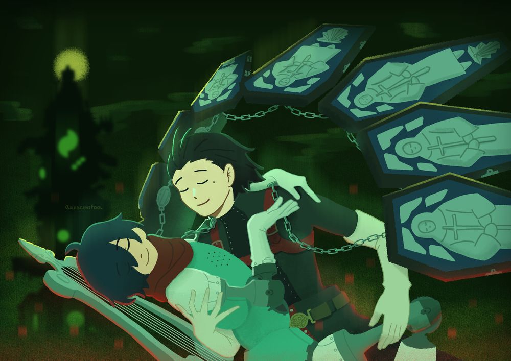 an illustration of ryomina (ryoji mochizuki x the persona 3 protagonist) drawn as thanatos and orpheus respectively.