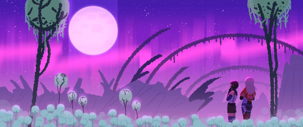 a landscape illustration of sylvalum from xenoblade chronicles x at night, with the crimson aurora occurrence. the moon is prominently featured, and in the background, you can see rock and mountain formations. in the foreground is lin and elma, who are admiring the scenery together.