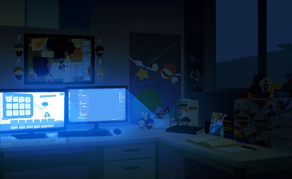 the second illustration i did of my desk for kat tsai's color and light class in 2025, this time depicting my room at night. on the computer monitor, you can see the UI of splatoon 3's equip menu, and a discord chat with the chippi chippi chappa chappa meme.