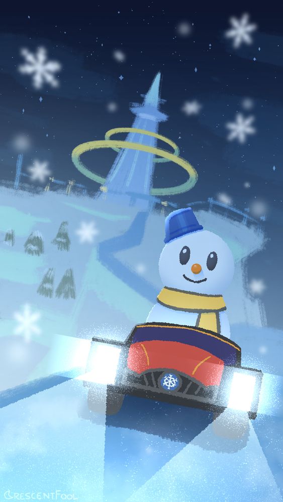 a background illustration based on mario kart world featuring snowman driving through starview peak at night.