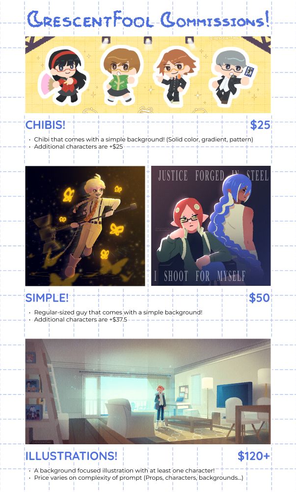 an infographic showcasing the three styles of art commissions i am offering: chibis, simple, and illustration.