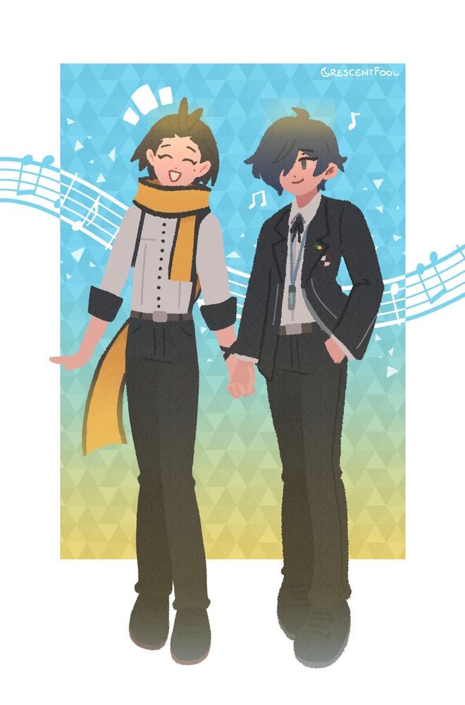 an illustration of ryoji mochizuki and the persona 3 protagonist, minato arisato, holding hands. they are placed on top of a blue rectangle with a yellow gradient and triangle pattern.