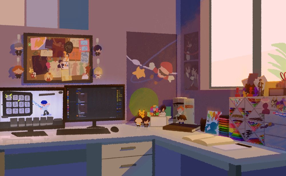 an illustration i did of my desk for chuwenjie/kat tsai's color and light class in 2025! throughout the room, merchandise of persona 3, persona 4, and persona 5, splatoon, and pokemon can be seen. a group of cubes with pens and other stationery items can be found on the right side of the desk. in this version of the piece, warm light filters into my room, emulating the feel of golden hour.
