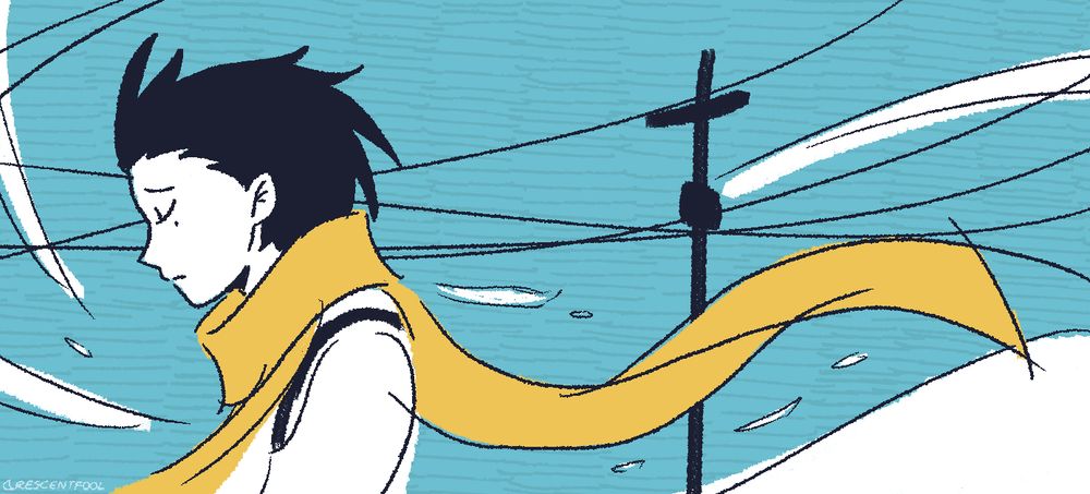 limited color palette illustration of ryoji mochizuki from persona 3, inspired by the opening "burn my dread."