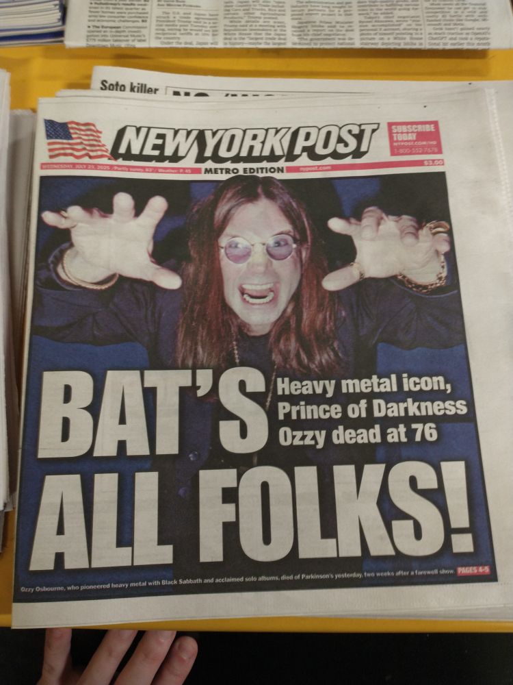 Front page of new york post with a picture of Ozzy Osbourne and the caption "bats all folks"