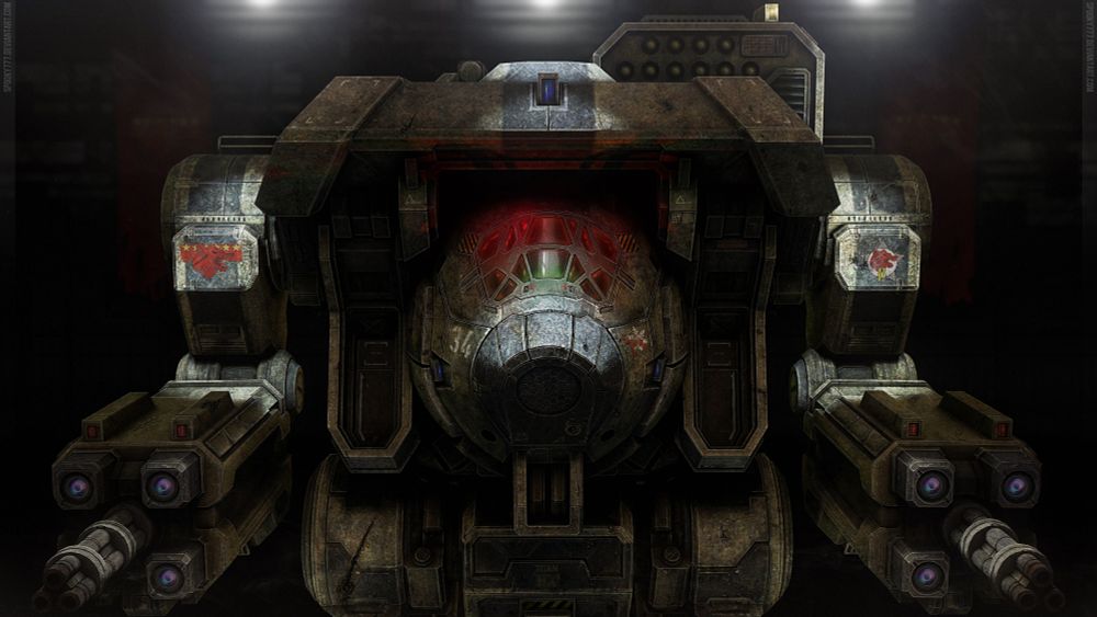 Art of the Dire Wolf assault mech. It's arm mounted weapon pods housing four lasers, one in each corner, with a triple barrel auto-cannon in the center of both pods, and a missile pack  painted two tone grey, pack over the left shoulder. Facing the viewer, with an ominous red glow from the cockpit.