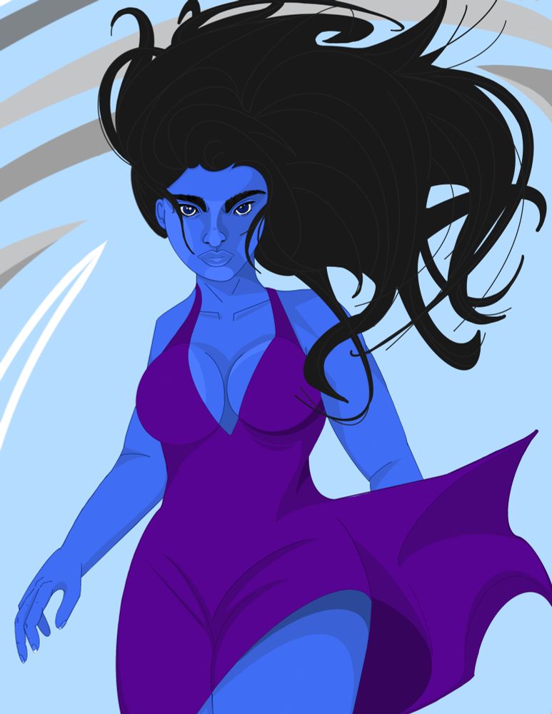 Alessandra, a blue skinned banshee woman, stands in the center of a wind tunnel while her purple dress and ebony hair billow around her. 