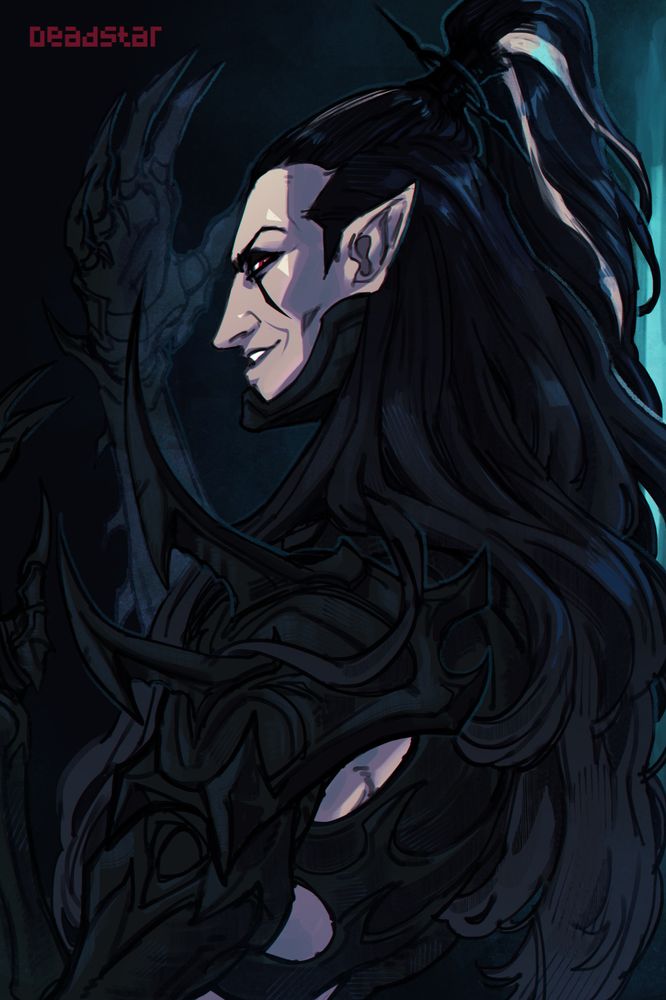deadstar art dark eldar elf drukhari oc named maeglin in black armor armour long hair and ponytail