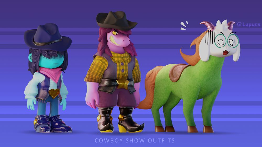 A stylized 3D lineup of Kris, Susie and Ralsei from the game Deltarune wearing their respective "cowboy" costumes from chapter 3. Ralsei is shown in his horse form. Susie is grinning at him, while Ralsei looks embarrassed. The background is a purple-ish shade with a set of brighter stripes.