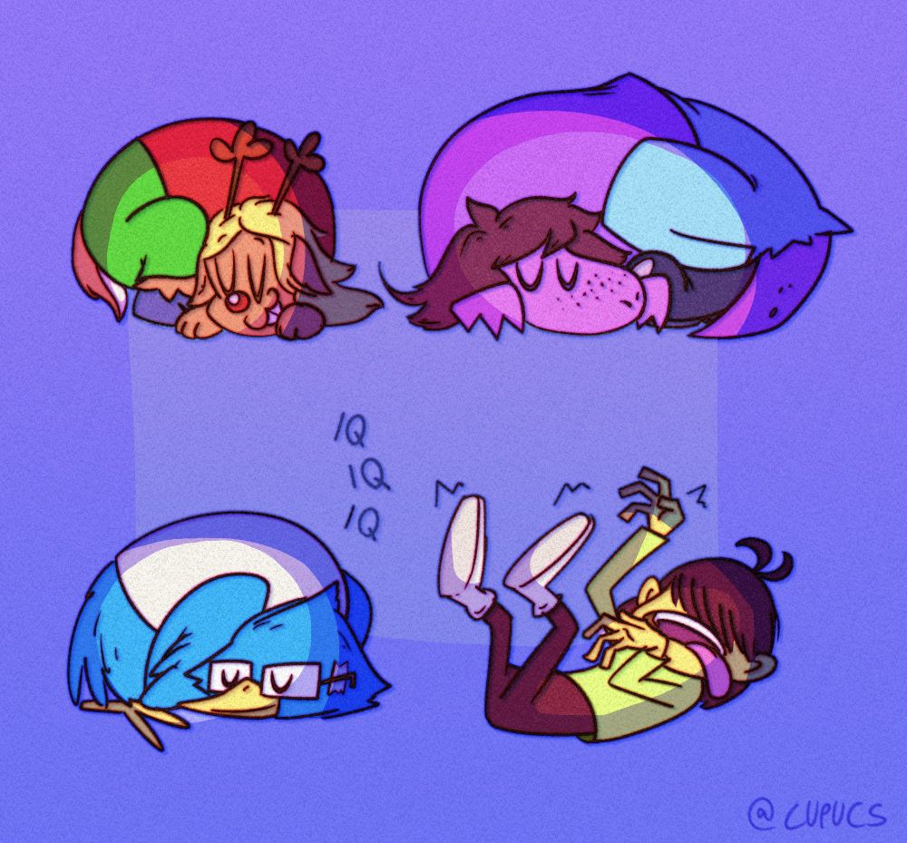 A stylized drawing of Noelle Holiday, Susie, Berdly and Kris Dreemurr from the game Deltarune napping. Everyone is curled up and sleeping peacefully, except for Kris, who is laying on their back in a tense pose. The background is a soft purple gradient with a subtle box-shaped pattern in the middle.