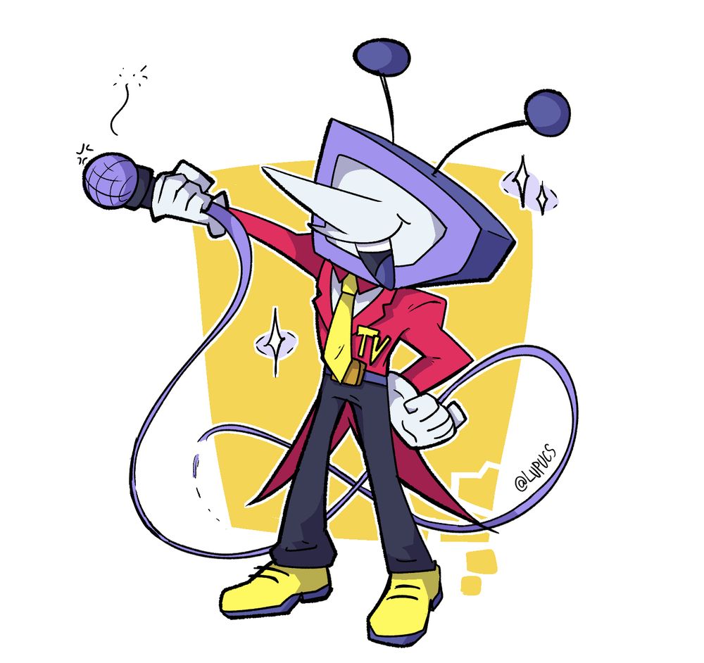 A stylized drawing of Tenna from the game Deltarune, holding a microphone and posing confidently. The background is white with a yellow box-like shape, some smaller shapes coming out of it in the bottom right corner. There are a few eye-shaped sparkles surrounding him.
