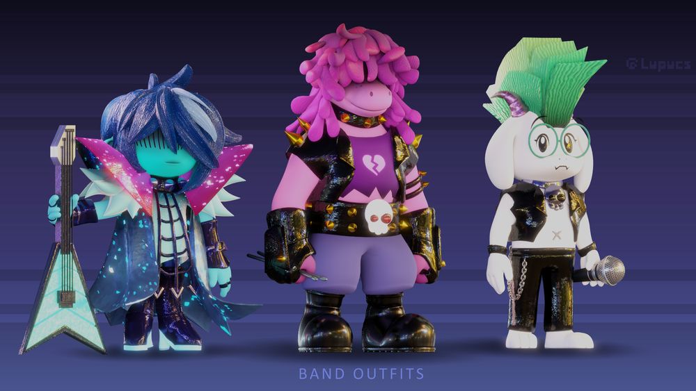 A stylized 3D lineup of Kris, Susie and Ralsei from the game Deltarune wearing their respective Lighters Live rock band outfits. Kris is holding their guitar, Susie her drum sticks and Ralsei his microphone. The background is a dark muted purple-esque shade with a set of brighter stripes.
