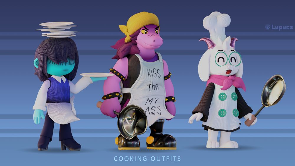 A stylized 3D lineup of Kris, Susie and Ralsei from the game Deltarune wearing their respective cooking outfits from chapter 3. Kris is carrying a bunch of plates on their head as well is a single one in their hand, Susie is holding a bent pan, and Ralsei is carrying a regular pan. The background is a muted blueish shade with a set of brighter stripes.