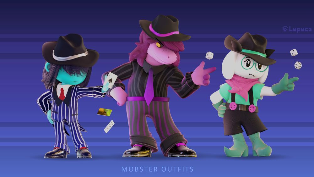 A stylized 3D lineup of Kris, Susie and Ralsei from the game Deltarune wearing their respective "mobster" outfits from chapter 3. Kris is revealing an ace of spades card, Susie is rolling a die, and Ralsei is rolling two dice. The background is a dark blueish shade with a set of brighter stripes