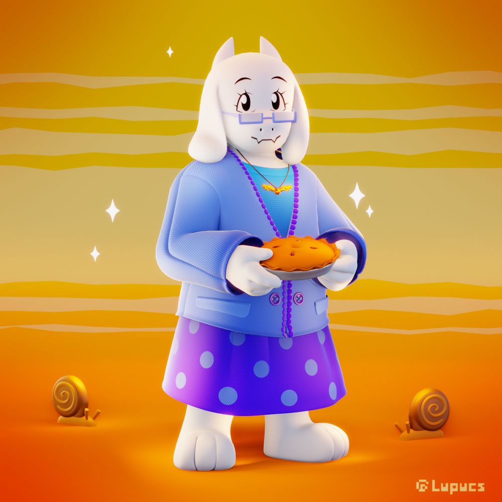 A stylized 3D render of Toriel from Deltarune, holding a pie and smiling at the viewer. The background is made up of orange hues, featuring a set of jagged brighter stripes. On the floor, there are two snails. A couple of sparkles are surrounding Toriel.