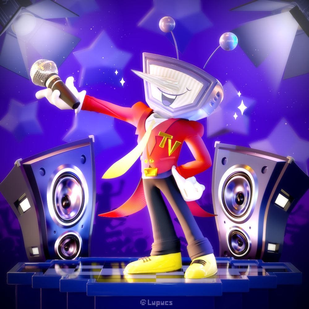 A stylized 3D render of Tenna from Deltarune, holding a microphone and smiling at the viewer. The background is made up of blue and purple hues, featuring a large stage with speakers, an audience, distant stars and stage lights with a couple of sparkles surrounding him.