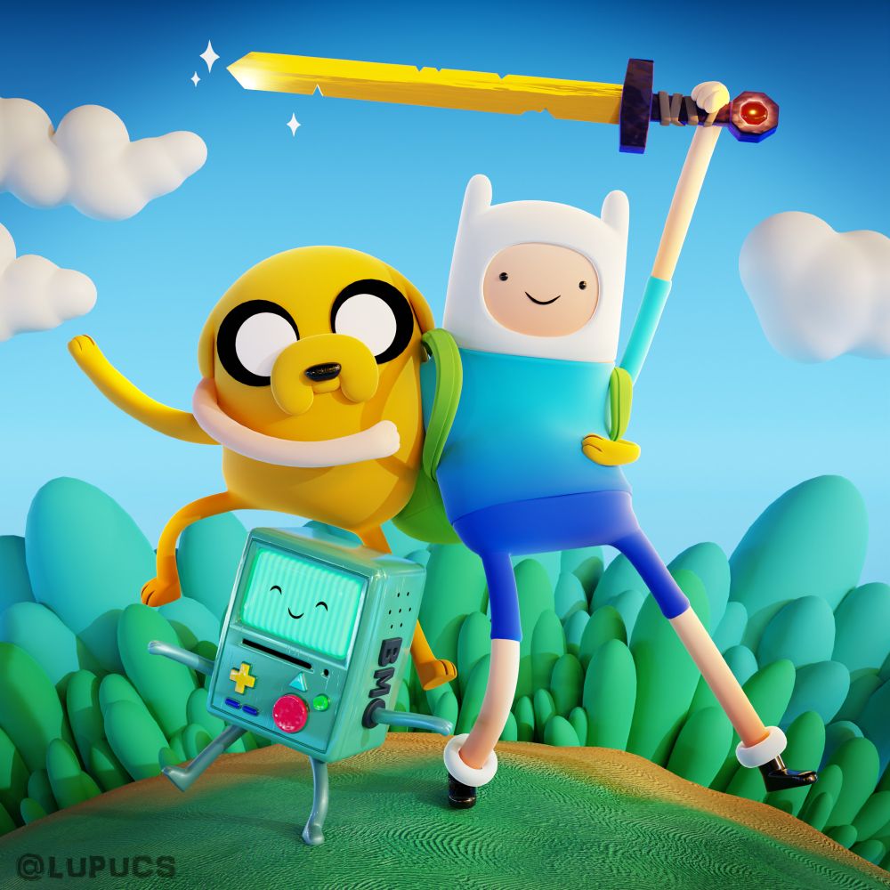 A stylized 3D render of Finn the human holding his sword, Jake the dog and BMO from the show Adventure Time, striking energetic poses in a bright, clay-like environment. The background features a blue sky and the ground is grassy. There are a few trees and clouds.