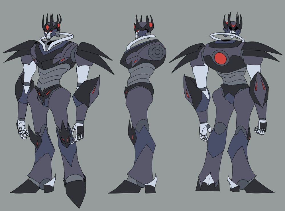 Gheist again! I always love working on him. I kees each of his faces.
Gheist’s colors are a desaturated puple blue and grey. He’s got red biolights on his arms, chest and head and red eyes. He has a red dynamo on his back as well, larger than Stunts (not taking into account their very different mass difference) 