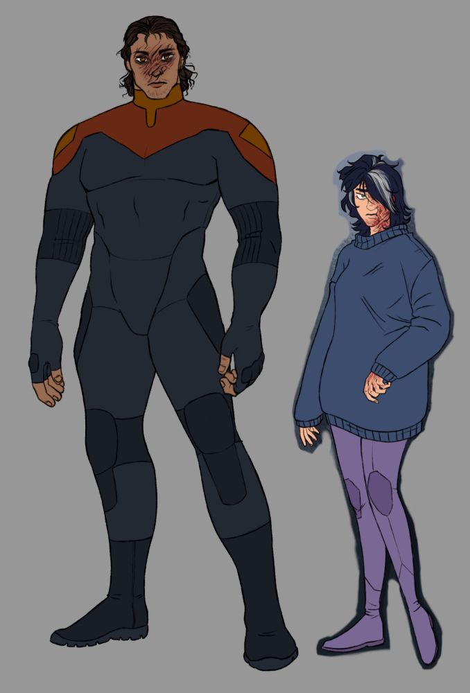 A companion reference with Mauve’s full attire and The Diver outside of his suit. He wears a wetsuit with the yellow and orange of his armor along the shoulders. The rest is black. He has a handsome face, but scars surround the area where his visor in his suit is. 