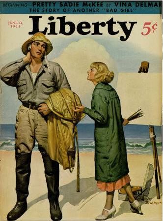 cover of liberty magazine, june 24, 1933, showing a fisherman and a girl painter standing on a beach.