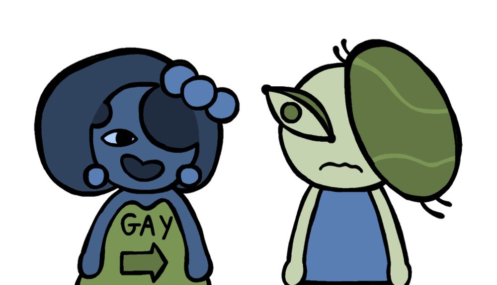 a drawing by me. the image depicts two of my roomerang ocs standing next to eachother. the character on the left is cyan-blue roomie. she is wearing a shirt that has the colors of the character on the right, who does not have a name currently. on cyan-blue's shirt it says the word "GAY" with an arrow pointing at the character on the right.