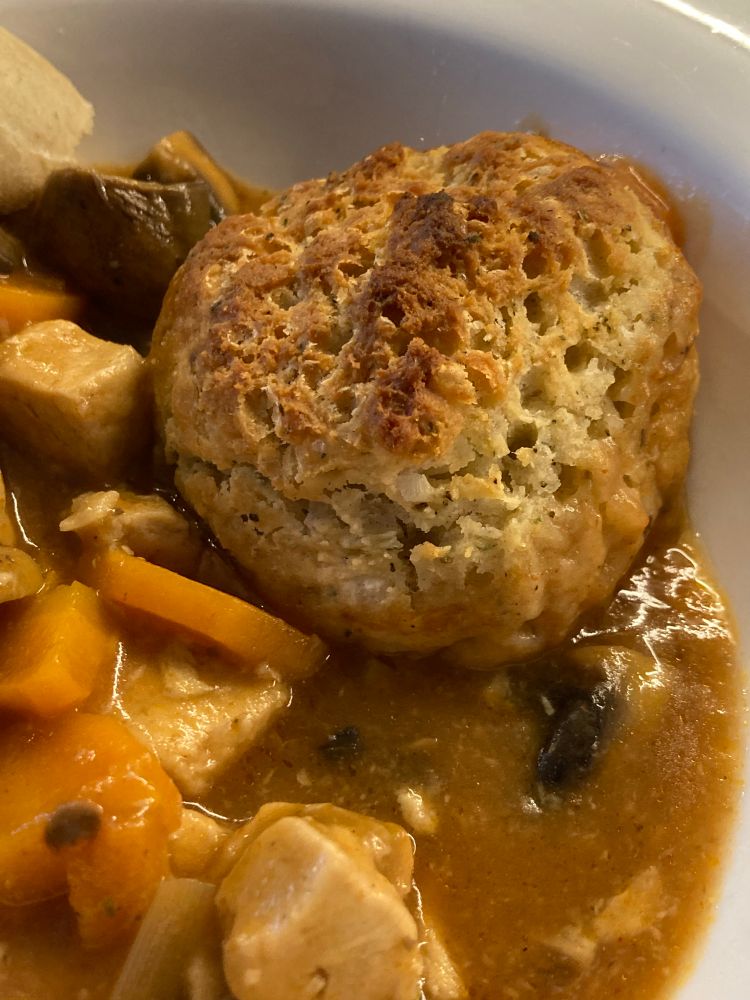 A closeup of the dumpling on a plate, surrounded by unctuous stew. 