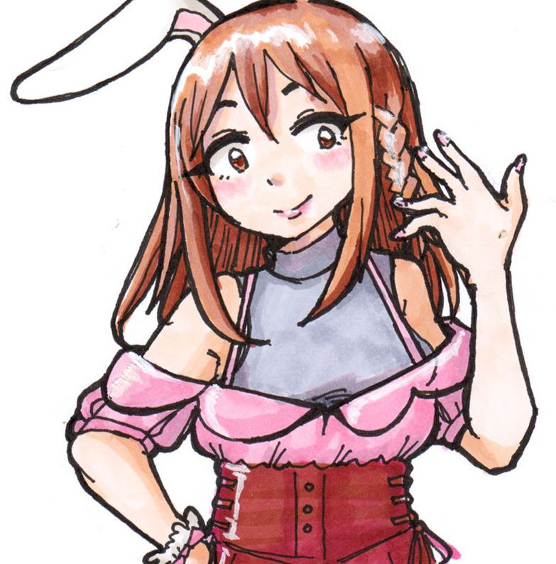 woman, dark brown hair medium length, white rabbit ears, red frilly flared shorts, pink loose blouse hanging at elbows and gray sleeveless turtleneck. pink shoes