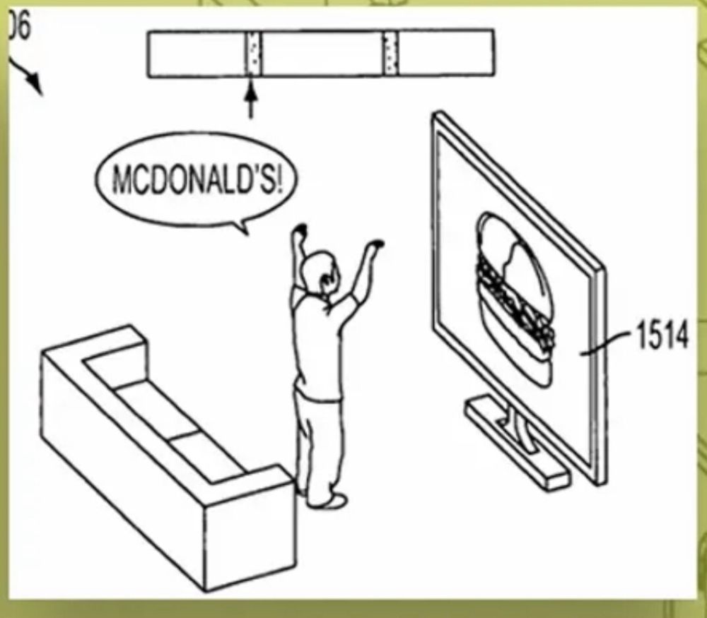 figure from documentation for "a sony-owned patent for an interactive commercial system that allows viewers to skip commercials by yelling the brand name of the advertiser at their television or monitor."  chillingly, the person stands as they shout MCDONALDS, implying an expectation of enthusiasm on the part of the consumer.