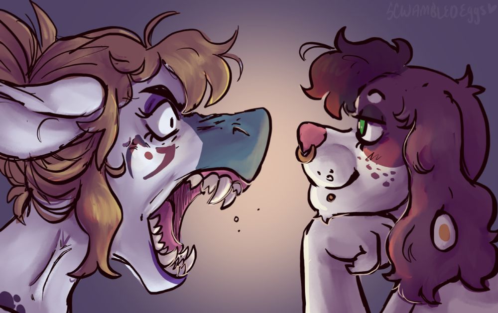 a draw-over of the lion roaring at an unbotbhered monkey meme)
my wife's sharksona, Saren, is on the left, screaming at my fursona, Egg- who looks smug and unbothered.