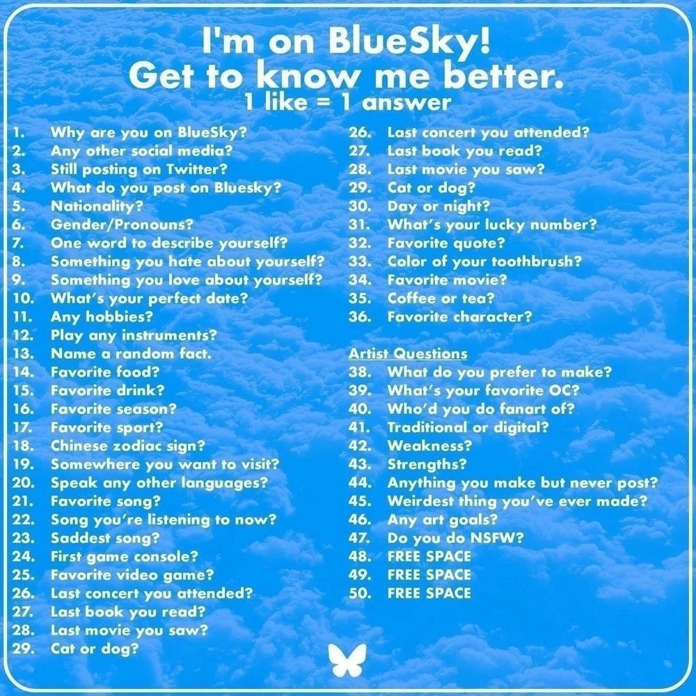 a list of various questions on a blue page titled "I'm on Bluesky! Get to know me better."