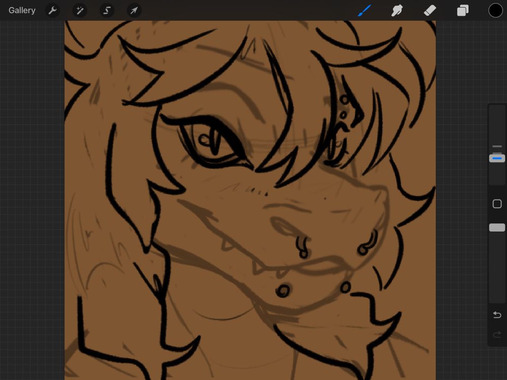 A rough sketch of an alligator sona with piercings and messy hair