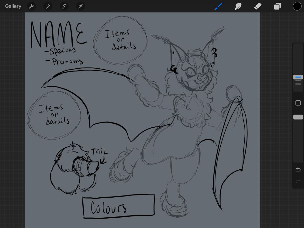 Rough sketch of character and overall "blueprint" for how everything will be laid out! Once this is approved, I'll begin working on cleanup! This is where I'll start to ask questions about any accessories or items you'd like to include on the ref that are important to you or the character! 